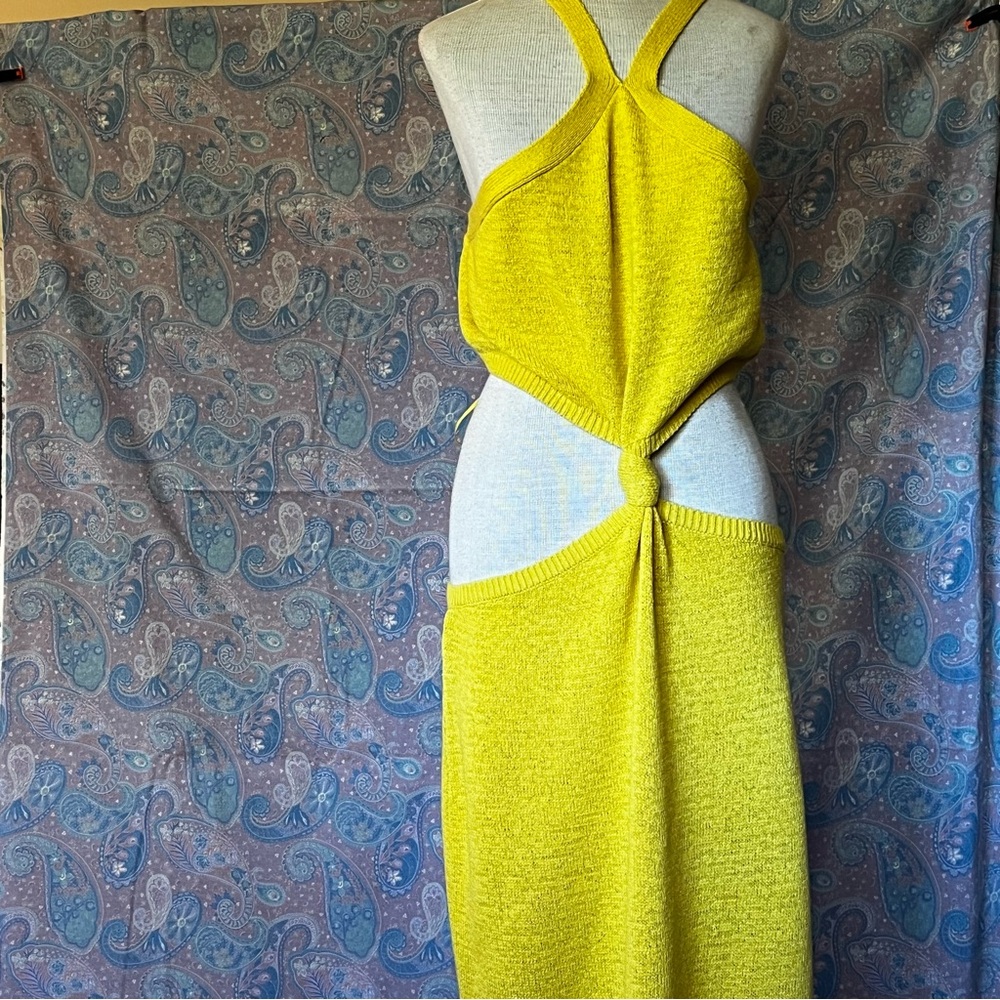 Express Vibrant Yellow Knit maxi dress open back open hips NWT